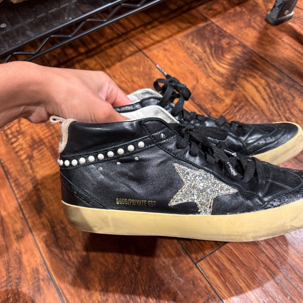 Golden Goose Mid Star Black Leather with Pearl Detail and Pink Soles, size 39